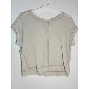 Blu Pepper Womens Small Ribbed Knit Top Short Sleeve Oatmeal Boho Boxy Tee